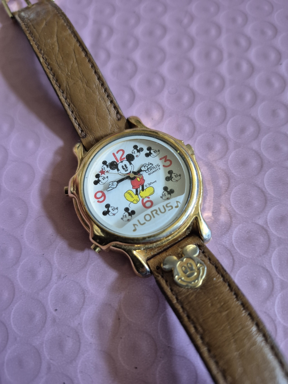 Vintage Lorus Mickey Mouse Gold-Tone Watch with Brown Leather Strap